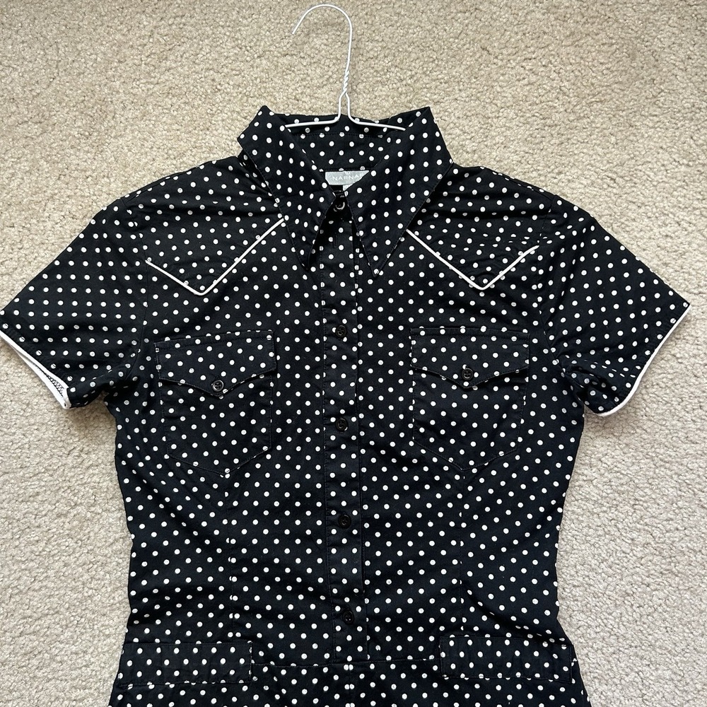 Naf Naf XS Vintage Rockabilly Western Shirt Dress Blk/ Wht Polka Dot Retro - Picture 3 of 9